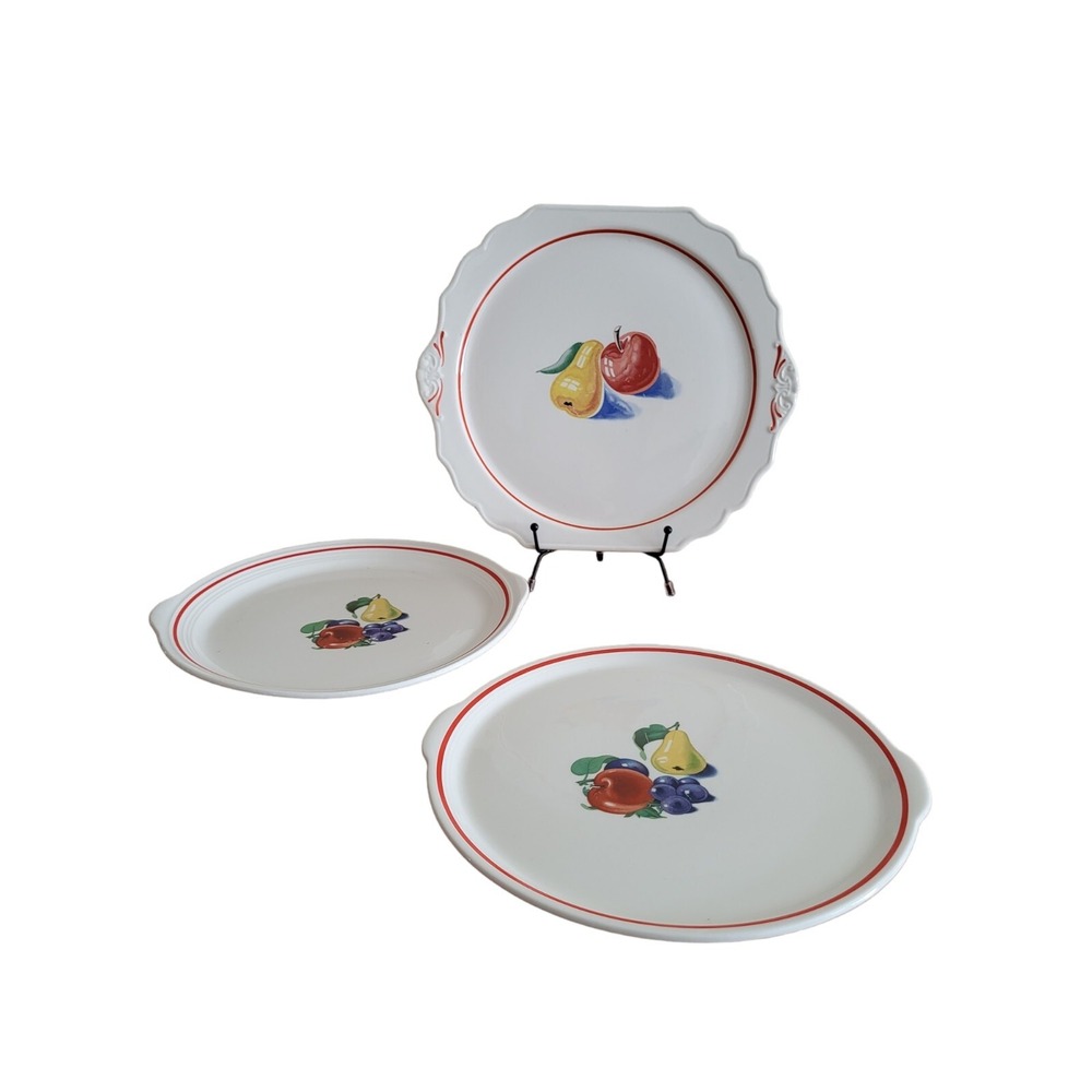 3 Vintage Harker Pottery Cake Plate Platter & 2 Dinner Plates Fruit Pattern MINT